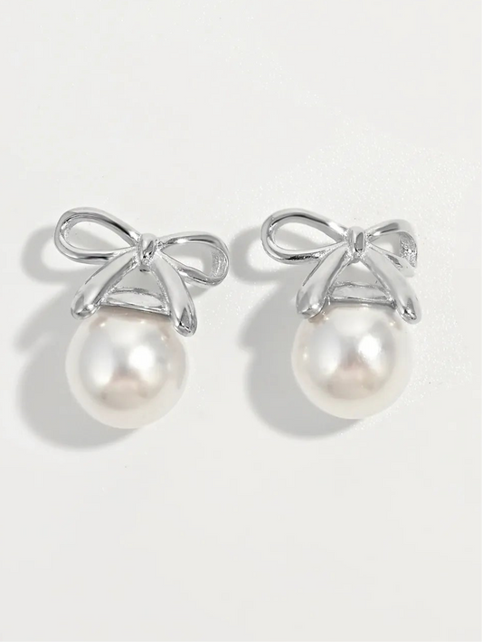 925 Sterling Silver Natural Pearl Bow Earrings