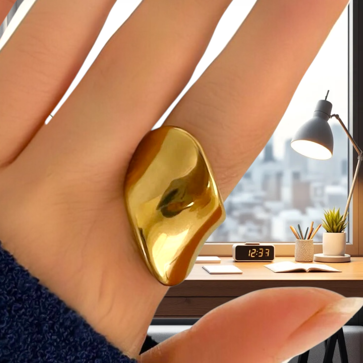 18K Gold-Plated Geometric Wide Band Rings