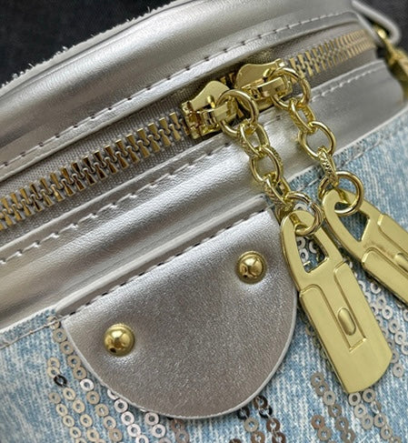 Denim Sequin Small Cylinder Convertible Crossbody Bag in 3 Colours