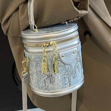 Denim Sequin Small Cylinder Convertible Crossbody Bag in 3 Colours