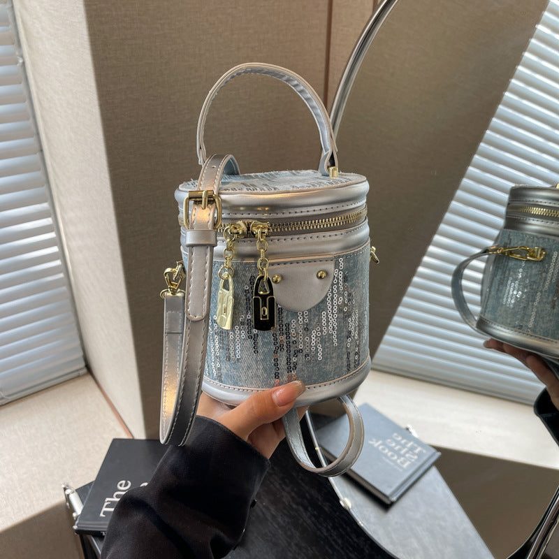 Denim Sequin Small Cylinder Fashionable Trendy Crossbody Bag