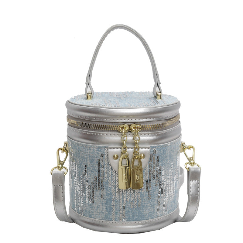 Denim Sequin Small Cylinder Fashionable Trendy Crossbody Bag