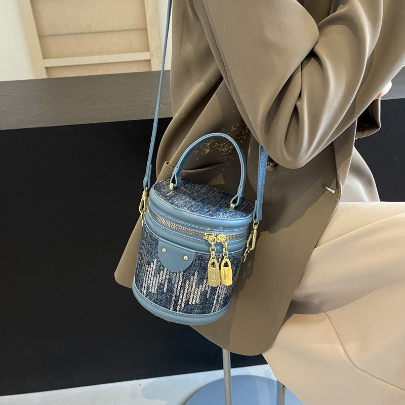 Denim Sequin Small Cylinder Fashionable Trendy Crossbody Bag
