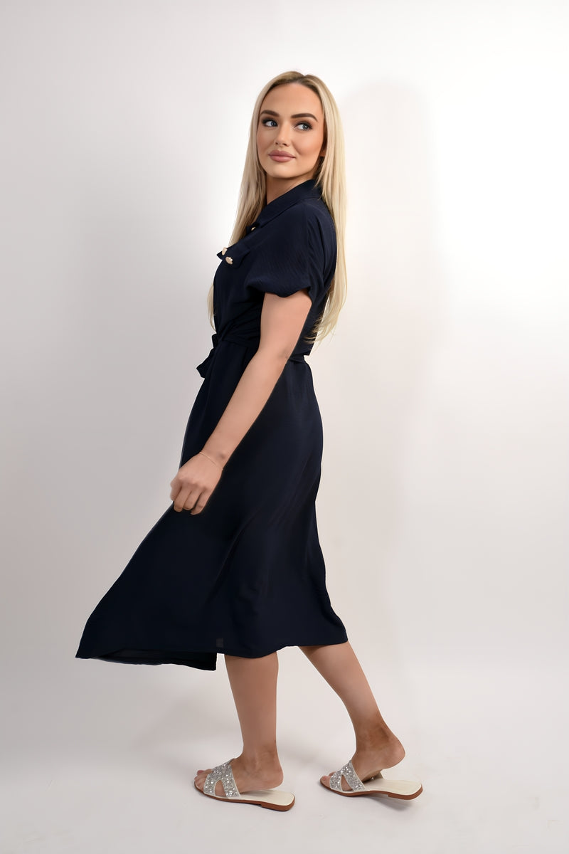 Collared Button Down Short Sleeve Tie Waist Midi Dress in 6 Colours