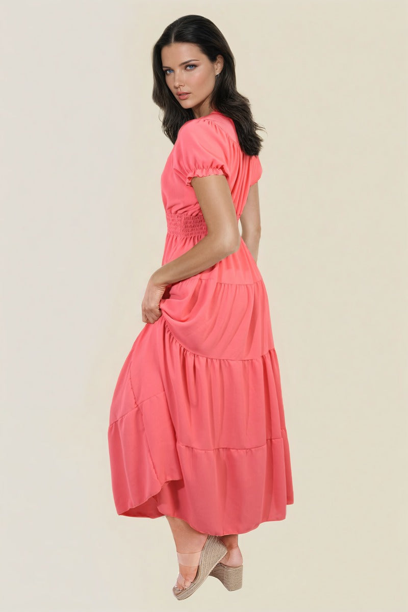 Smocked Waist Tiered Midi Dress in 5 Colours