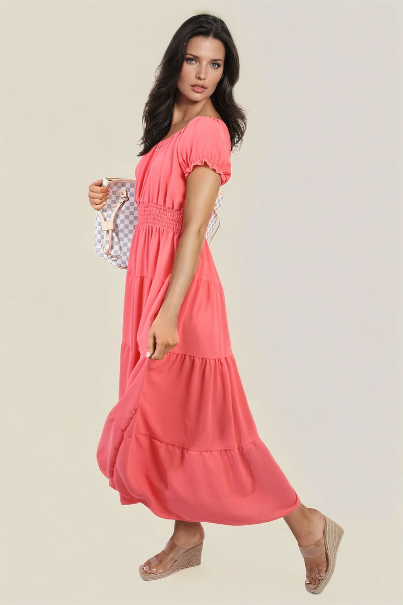 Smocked Waist Tiered Midi Dress in 5 Colours