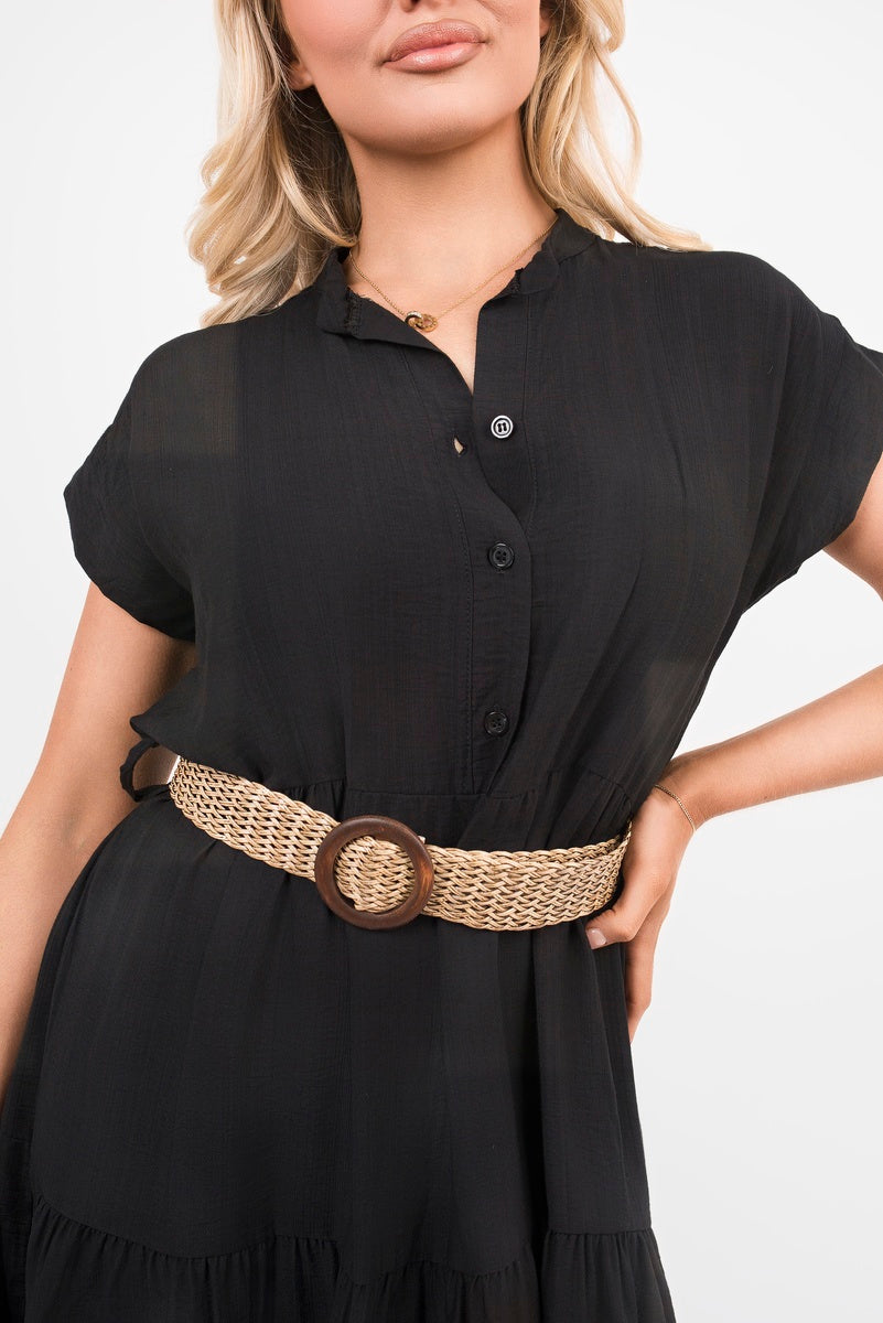 V Neck Short Sleeve Tiered Midi Dress