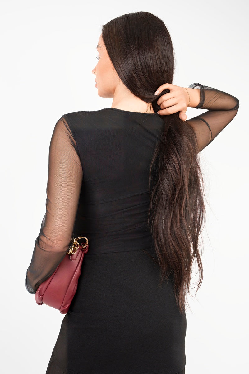 Haut long froncé à manches longues en maille