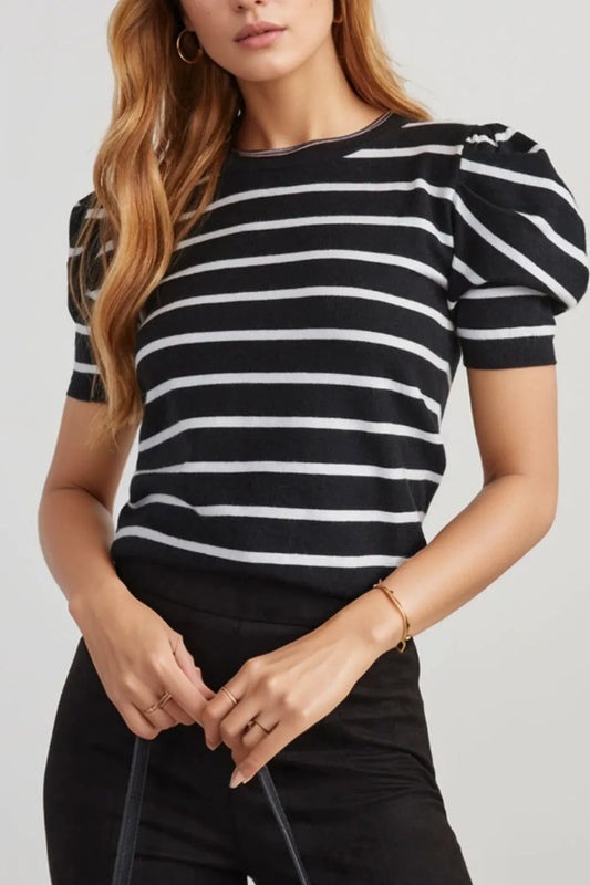 Stripe Ribbed Trim Round Neck Bubble Sleeve Knitted Top