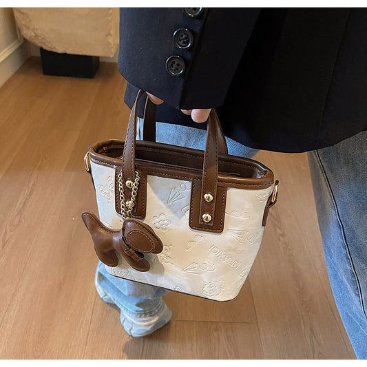 Temperament Patented Leather Small Top Handles Convertible Handbag with Die-cut Puppy Ornament in 3 Colours