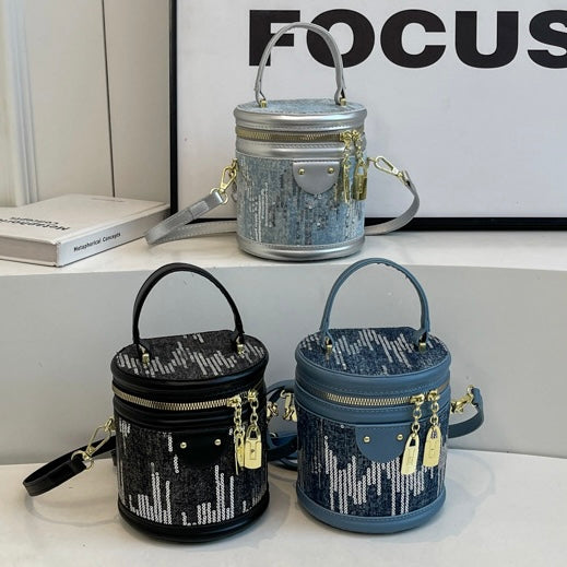 Denim Sequin Small Cylinder Convertible Crossbody Bag in 3 Colours