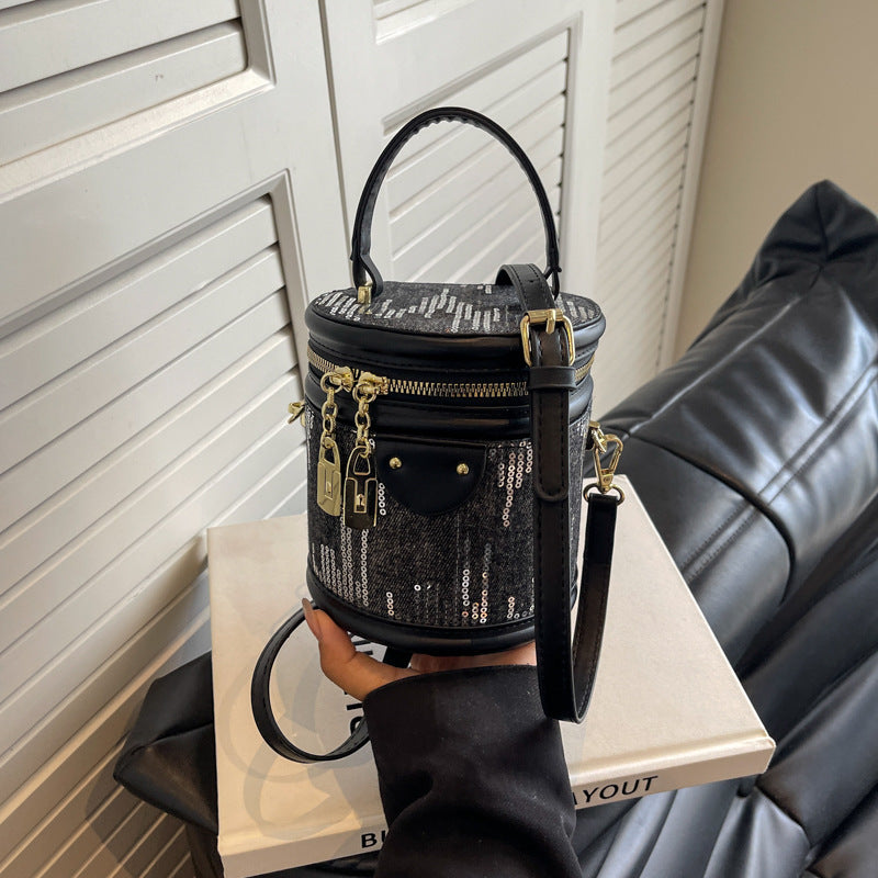 Denim Sequin Small Cylinder Fashionable Trendy Crossbody Bag