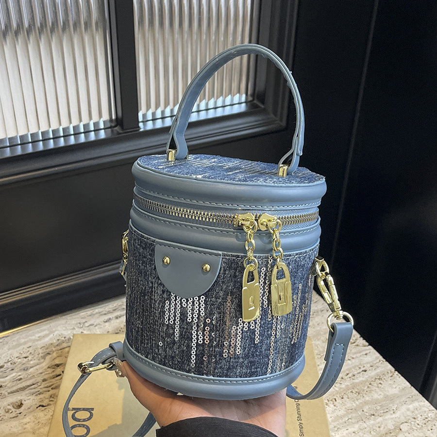 Denim Sequin Small Cylinder Fashionable Trendy Crossbody Bag