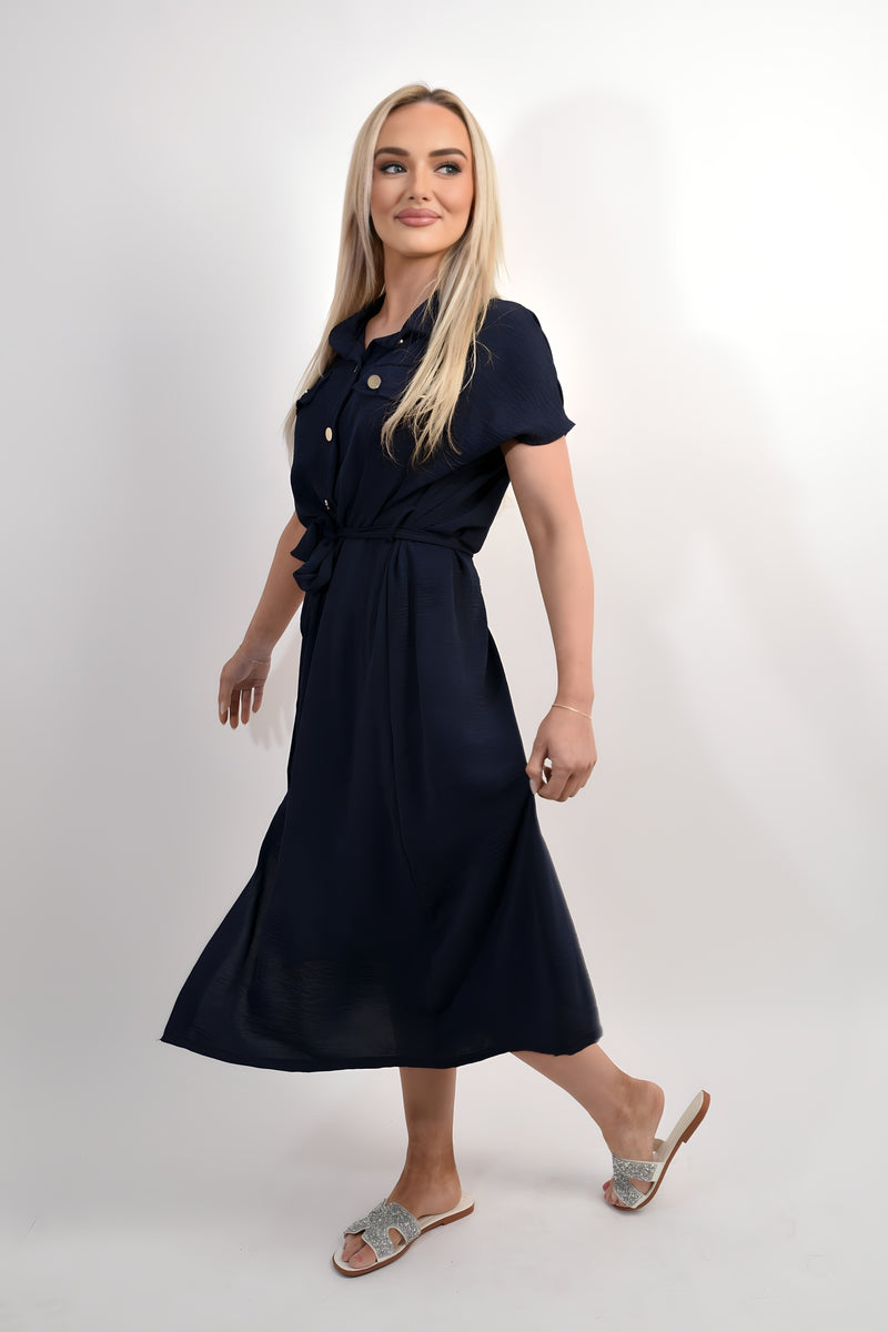 Collared Button Down Short Sleeve Tie Waist Midi Dress in 6 Colours