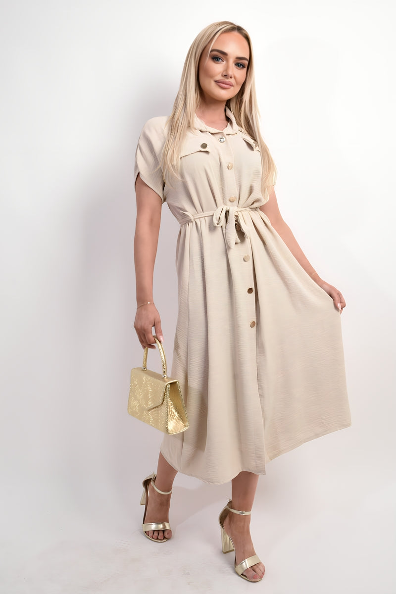 Collared Button Down Short Sleeve Tie Waist Midi Dress in 6 Colours