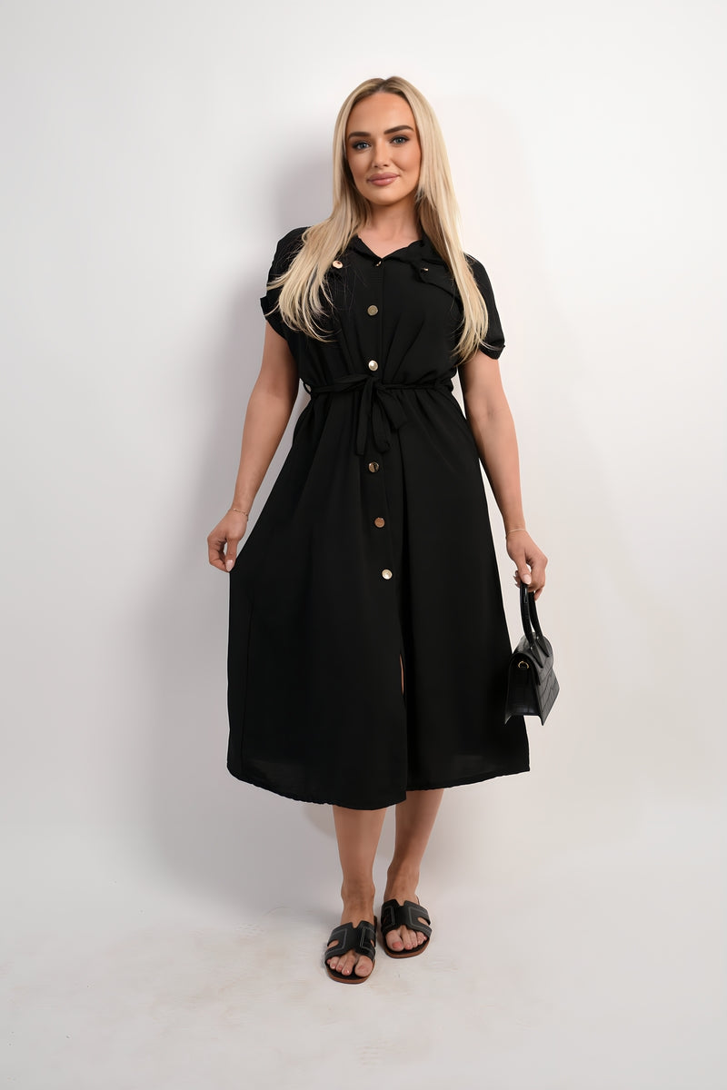 Collared Button Down Short Sleeve Tie Waist Midi Dress in 6 Colours