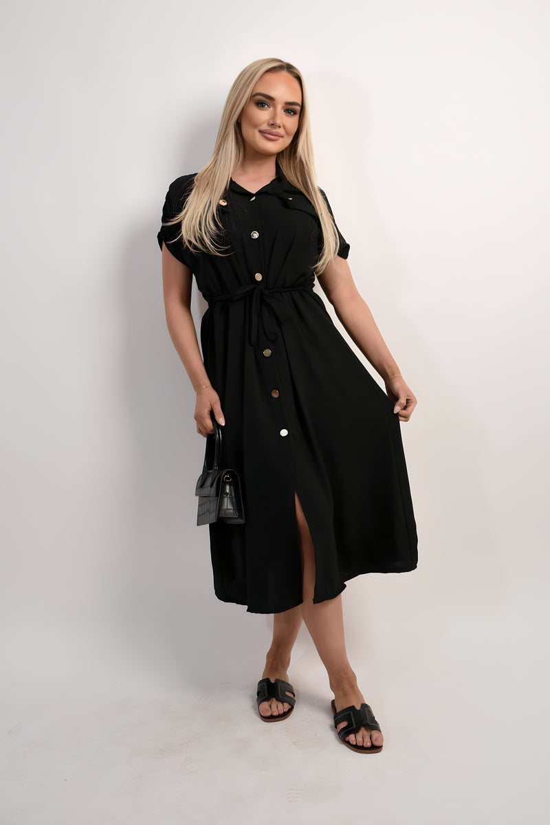 Collared Button Down Short Sleeve Tie Waist Midi Dress in 6 Colours