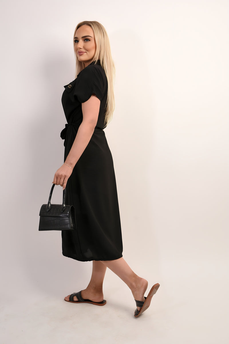 Collared Button Down Short Sleeve Tie Waist Midi Dress in 6 Colours
