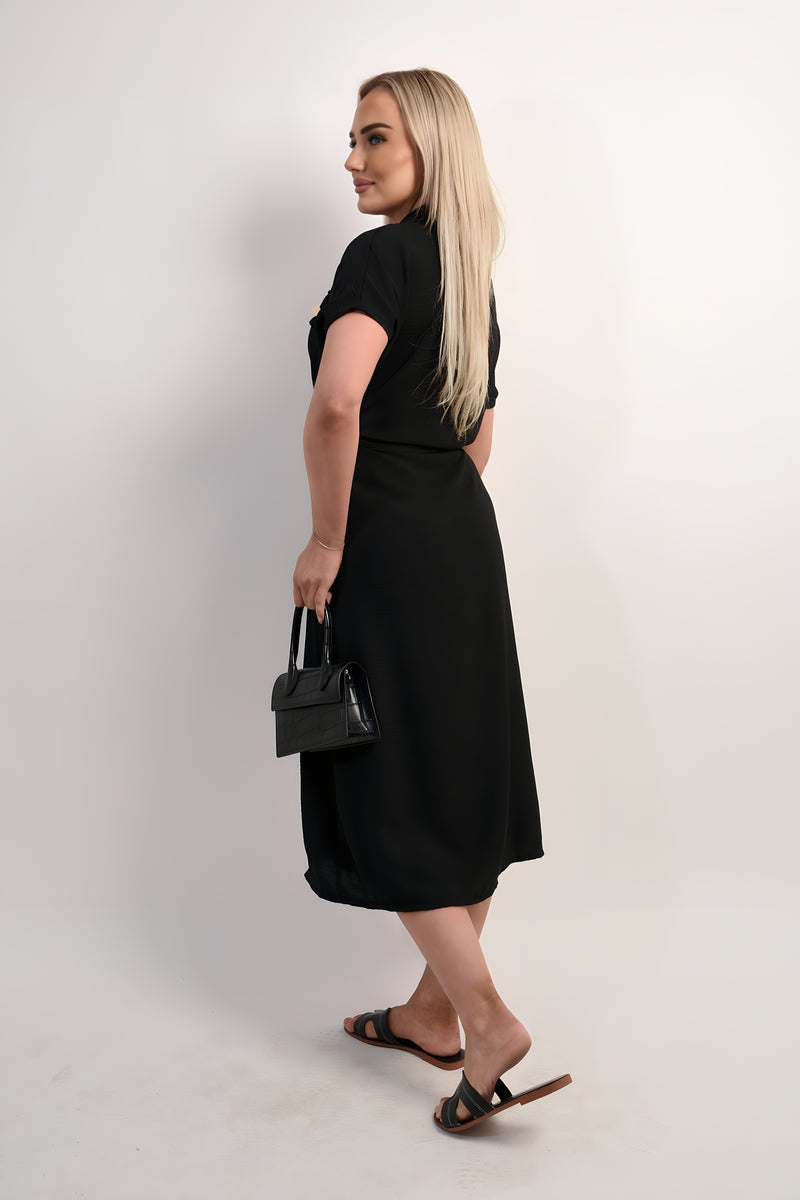 Collared Button Down Short Sleeve Tie Waist Midi Dress in 6 Colours