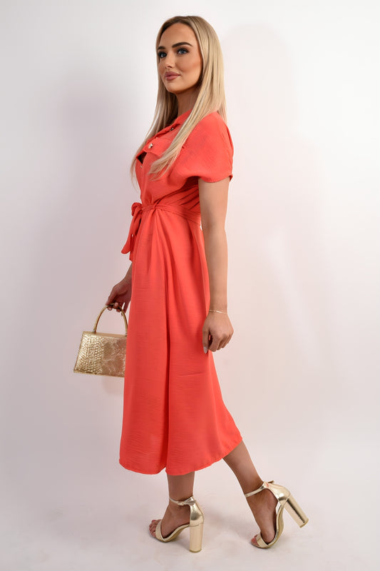 Collared Button Down Short Sleeve Tie Waist Midi Dress in 6 Colours