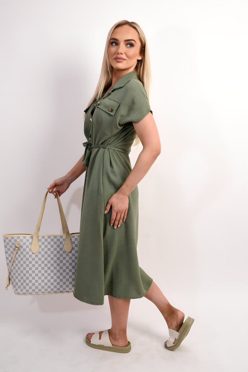 Collared Button Down Short Sleeve Tie Waist Midi Dress in 6 Colours