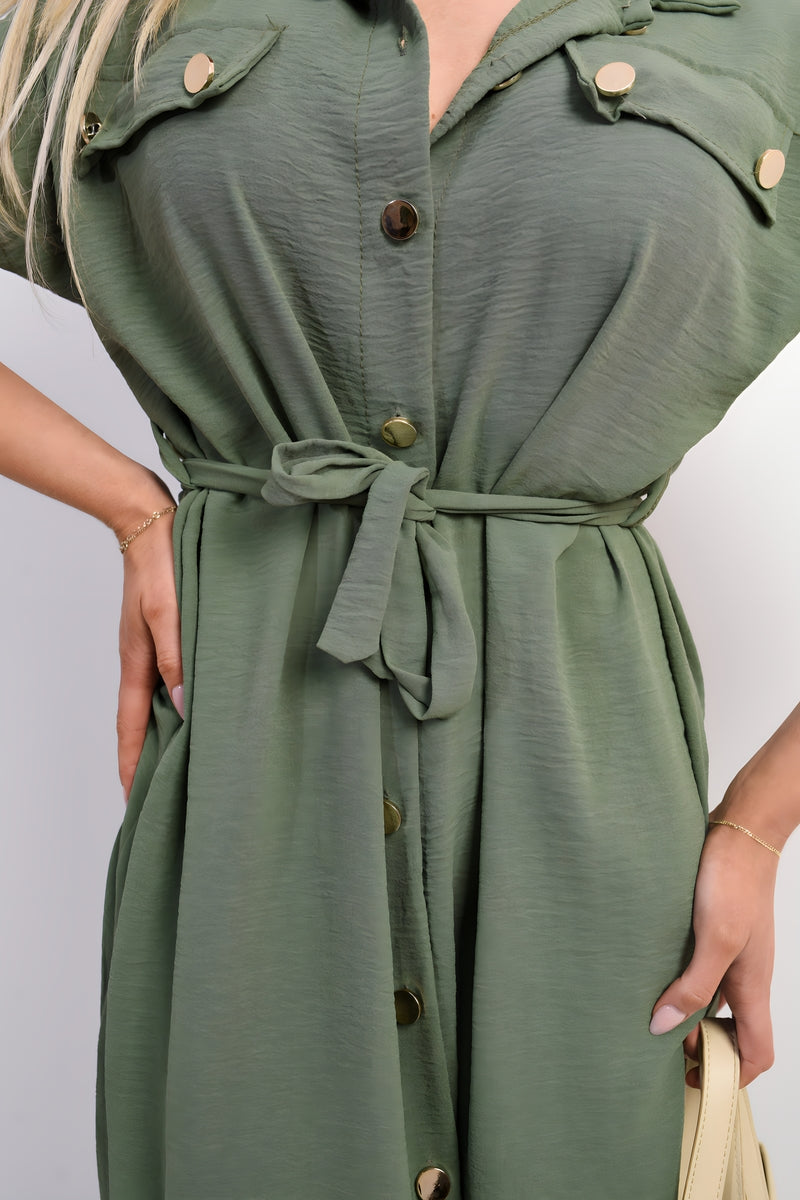 Collared Button Down Short Sleeve Tie Waist Midi Dress in 6 Colours