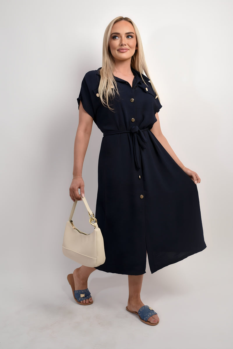 Collared Button Down Short Sleeve Tie Waist Midi Dress in 6 Colours
