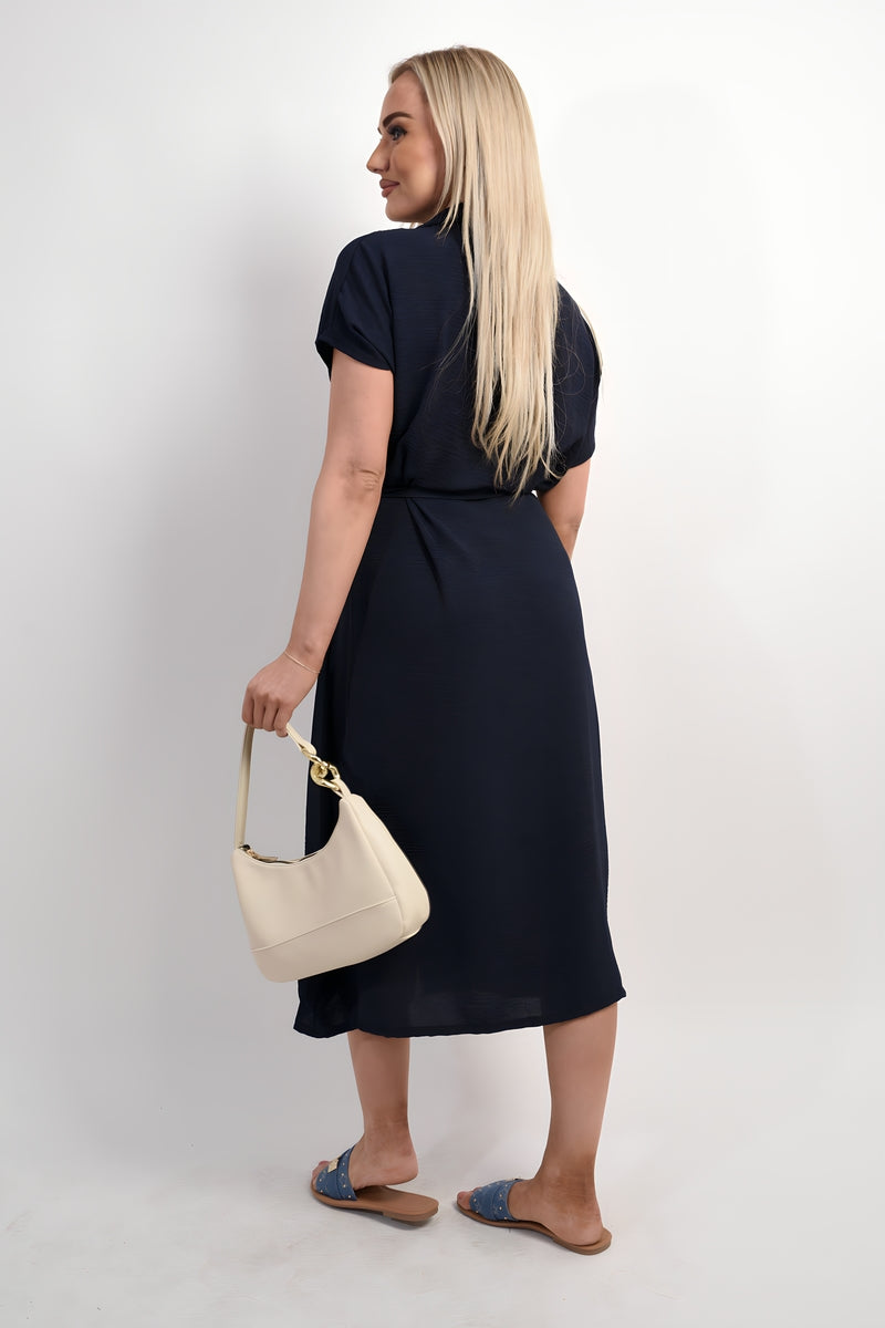 Collared Button Down Short Sleeve Tie Waist Midi Dress in 6 Colours