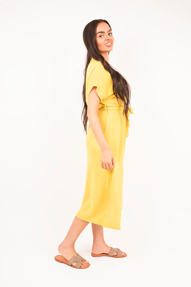 Collared Button Down Short Sleeve Tie Waist Midi Dress in 6 Colours
