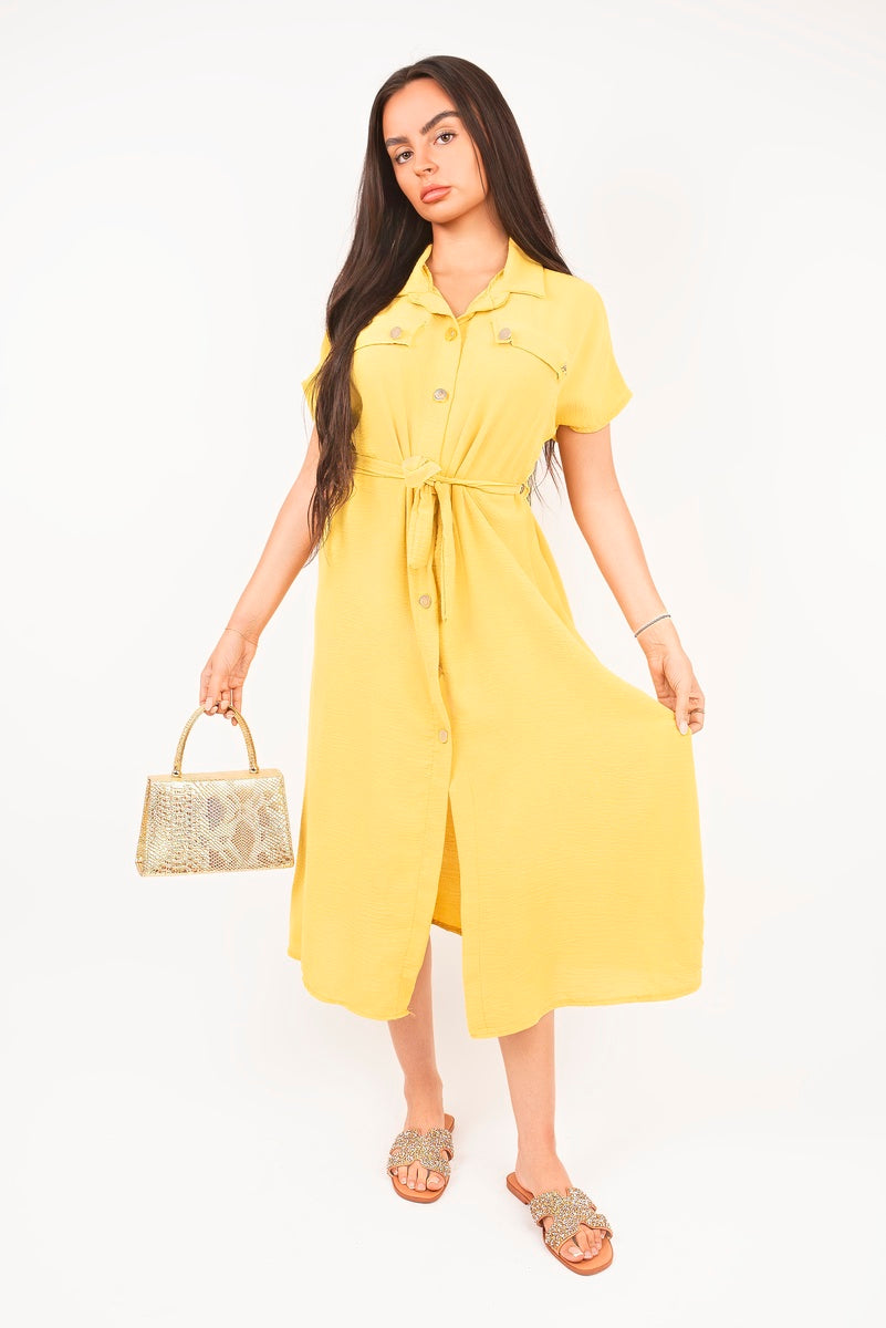 Collared Button Down Short Sleeve Tie Waist Midi Dress in 6 Colours