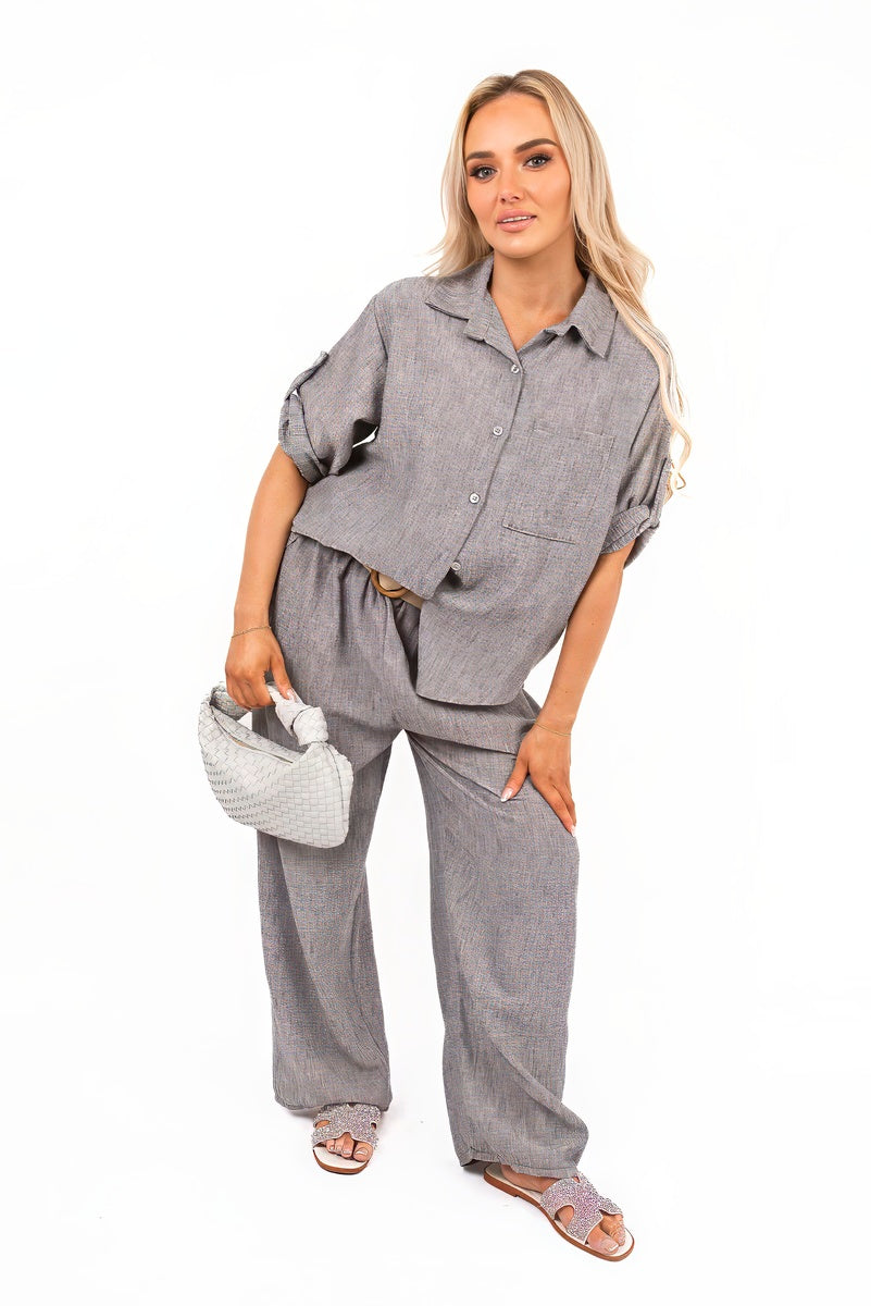 Rolled Sleeve Shirt and Trousers Co-ord Set in 2 Colours