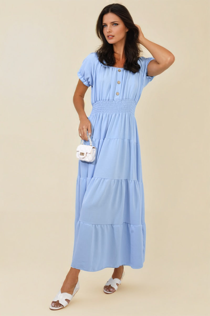 Smocked Waist Tiered Midi Dress in 5 Colours