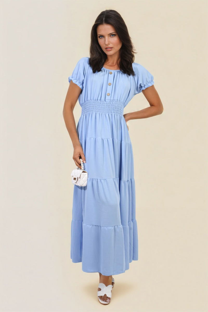 Smocked Waist Tiered Midi Dress in 5 Colours