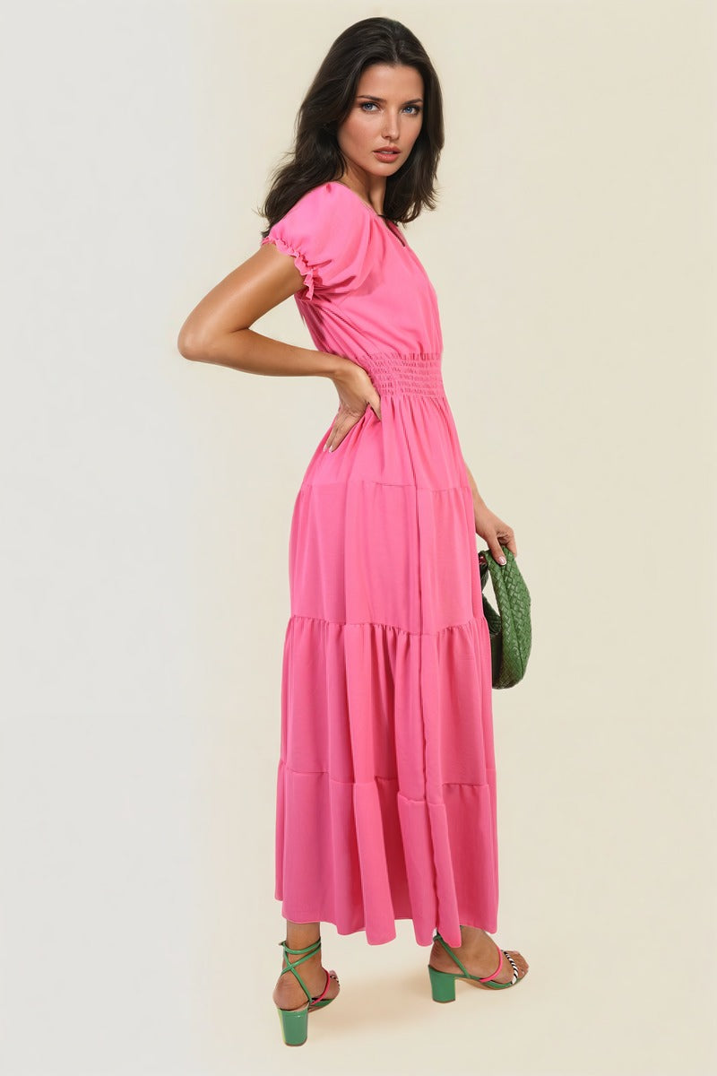 Smocked Waist Tiered Midi Dress in 5 Colours