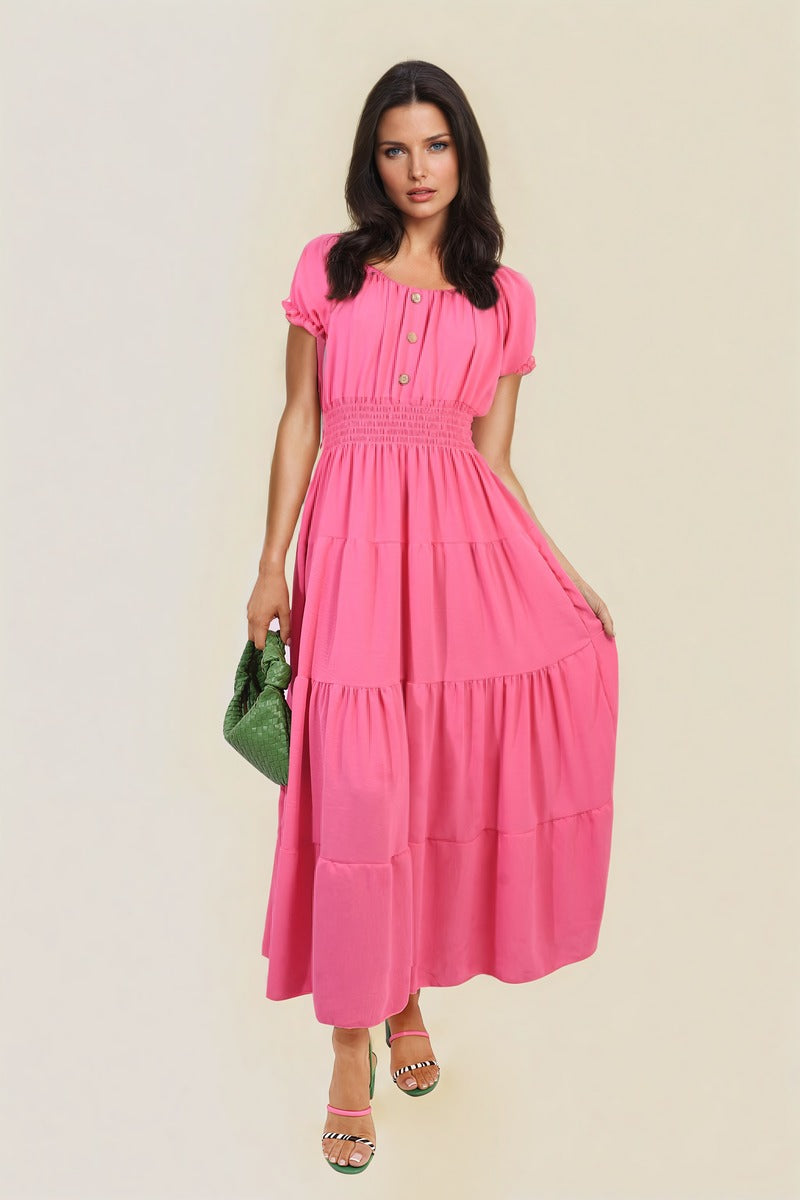 Smocked Waist Tiered Midi Dress in 5 Colours