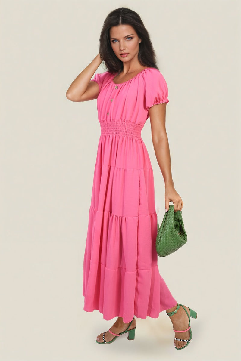 Smocked Waist Tiered Midi Dress in 5 Colours