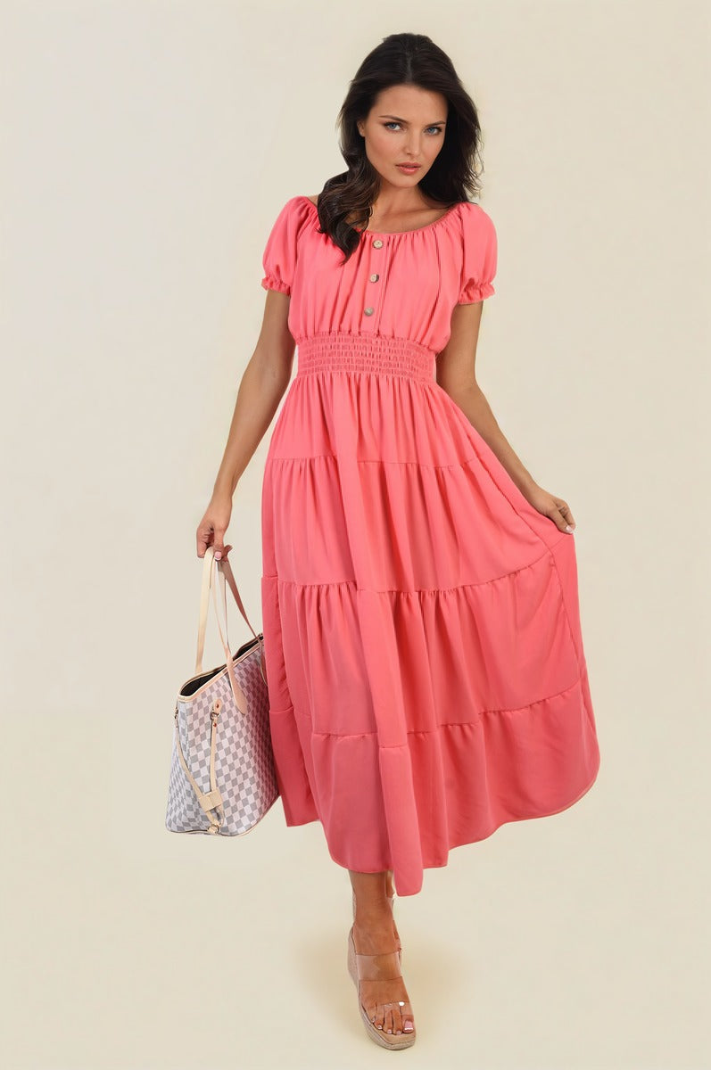 Smocked Waist Tiered Midi Dress in 5 Colours