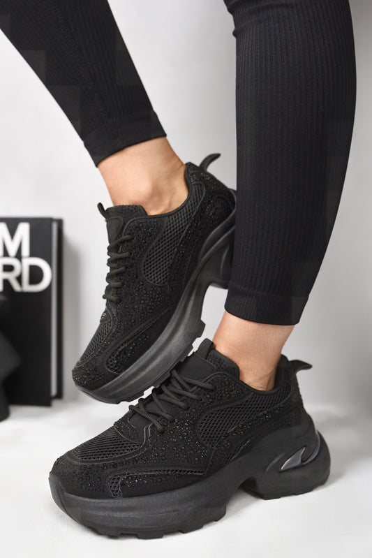 Chunky Mesh Trainers with Diamante Embellishment in Bkack and White