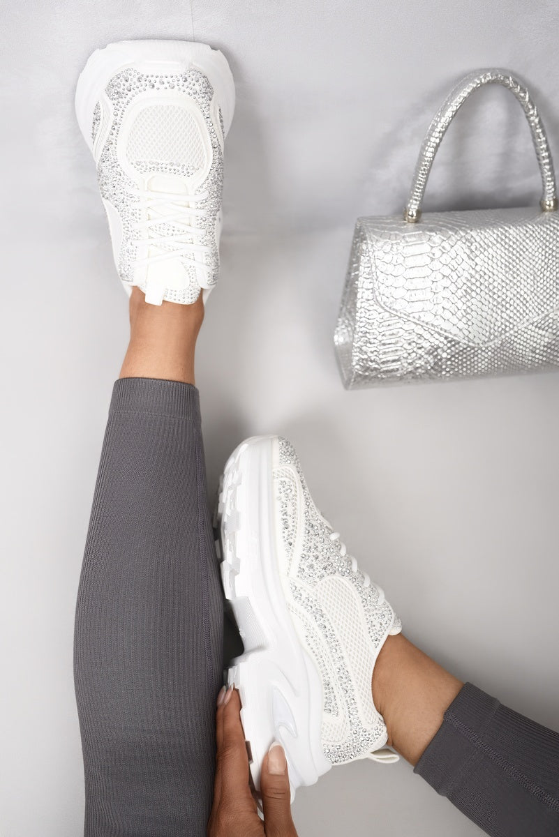 Chunky Mesh Trainers with Diamante Embellishment in Bkack and White