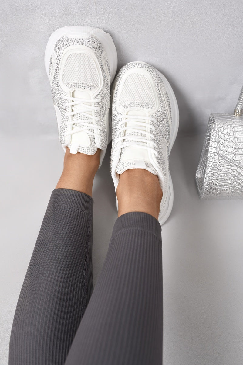 Chunky Mesh Trainers with Diamante Embellishment in Bkack and White