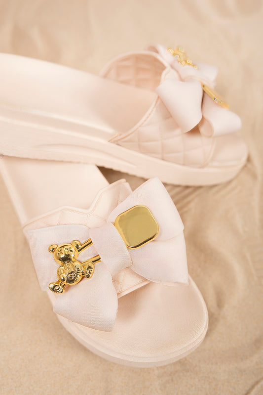 Quilted Slide Sandals with Bow and Gold Charm Detail in 2 Colours