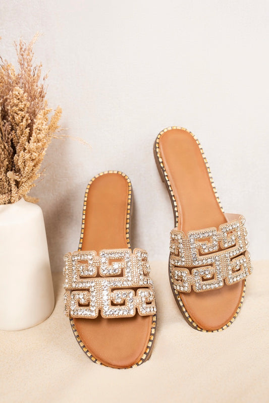 Sparkling Diamante Cut Out Slip-On Sandals in Gold and Sliver